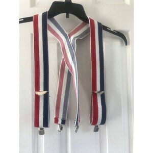 Vintage Red White & Blue Striped Suspenders Elastic Braces Silver Tone Hardware